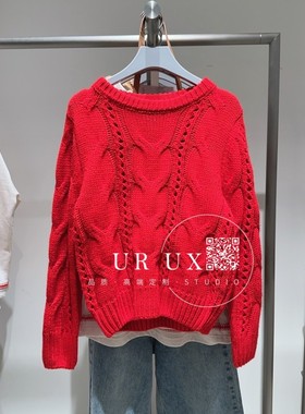 UR UX女装2025春季新款时尚镂空绞花肌理感红色新年战袍针织衫ins