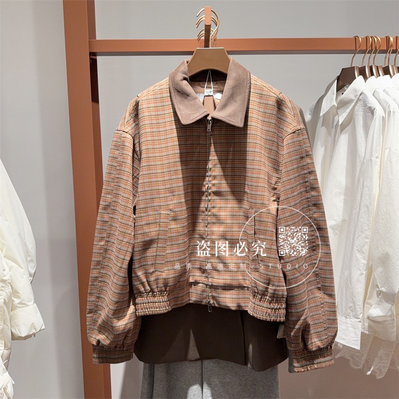 UR UX女装2025冬季新款时尚休闲潮流琥珀流光风撞色翻领格纹外套