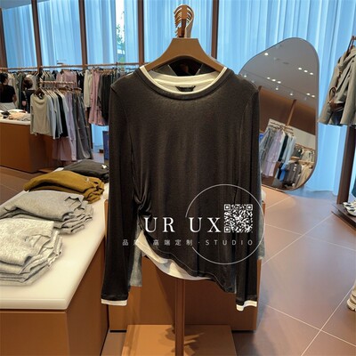 UR UX女装2024秋季新款BM时尚创意撞色假两件设计感褶皱长袖T恤