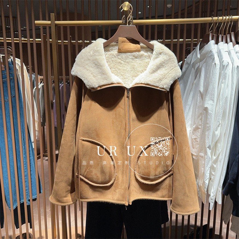 UR UX女装2024冬季新款时尚百搭雅丹风羊羔毛连帽抽绳外套上衣ins