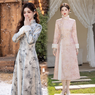 年轻款新中式奥黛旗袍冬季长袖加绒加厚高端少女日常可穿显瘦加厚