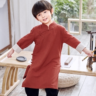 中国风长袍马褂男女童汉服棉麻春秋儿童国学服唐装武术长衫相声服