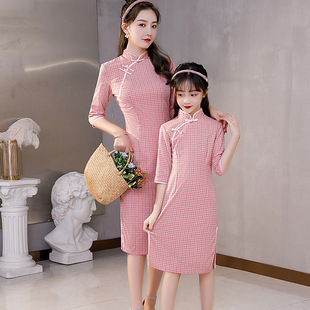 亲子旗袍母女装春夏新款国风古装中长款格子儿童连衣裙纯棉新中式