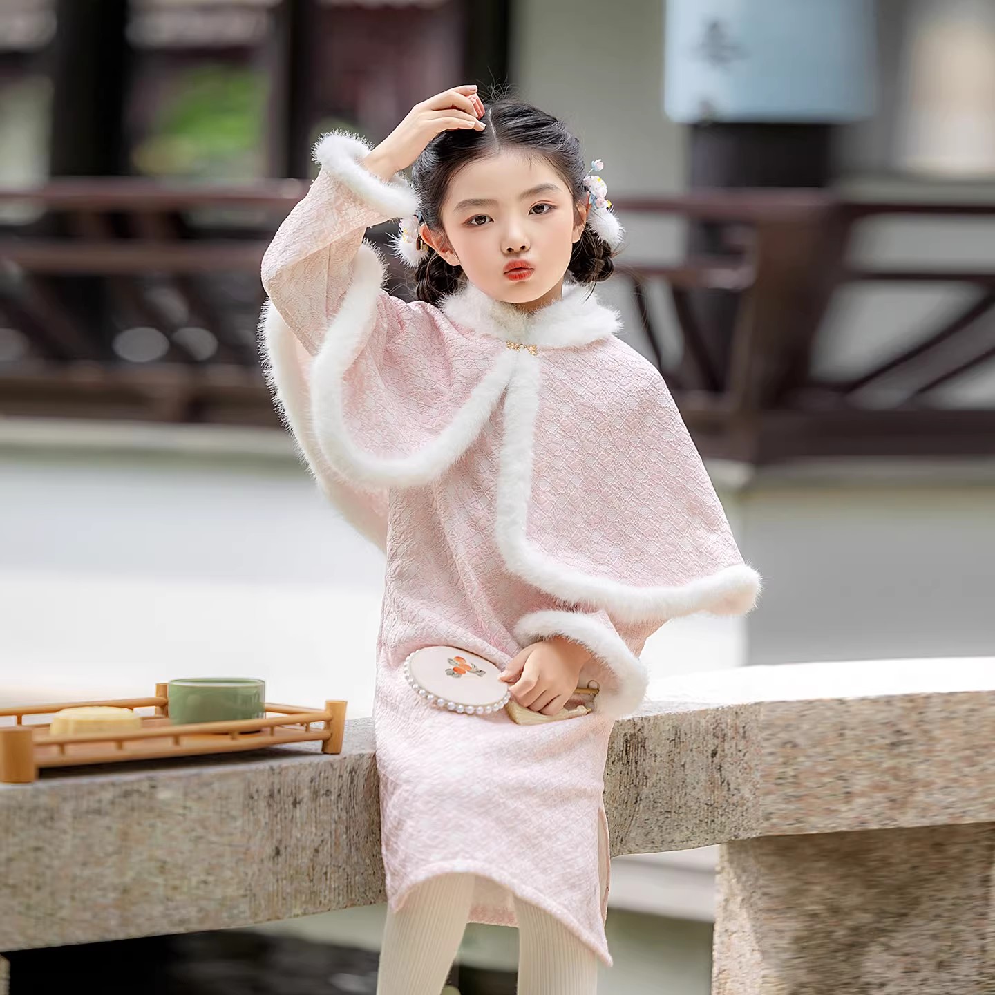 女童旗袍冬季国风儿童披肩斗篷2025新款小女孩唐装拜年服加绒加厚