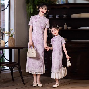 紫色新国风高端亲子装母女款旗袍2025新款夏季女童古装改良连衣裙