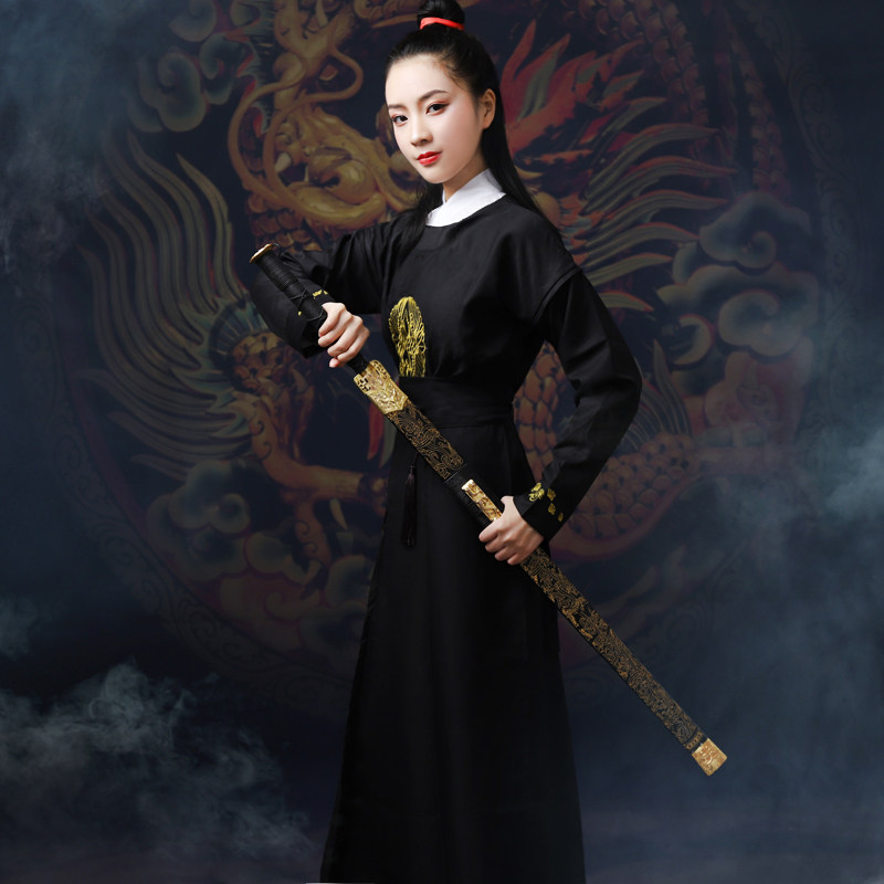 古装汉服女中国风原创汉元素学生侠女圆领长袍唐装古筝演出服英气