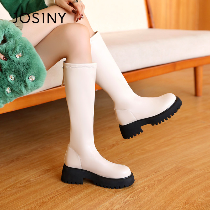 卓诗尼白色长筒靴女2022年新款冬季加绒骑士靴高筒瘦瘦靴粗跟长靴