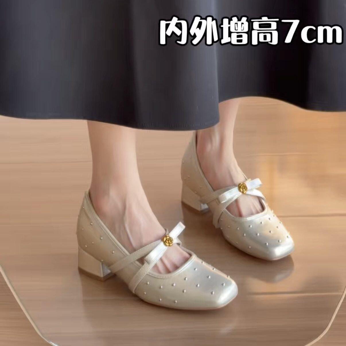 内增高复古铆钉粗跟高跟玛丽珍鞋2026新款法式方头浅口单鞋芭蕾鞋