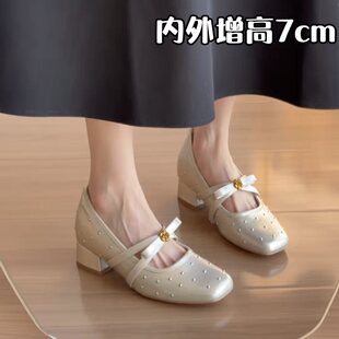 内增高复古铆钉粗跟高跟玛丽珍鞋2026新款法式方头浅口单鞋芭蕾鞋