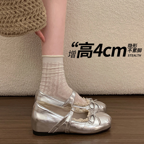 法式蕾丝蝴蝶结内增高玛丽珍鞋