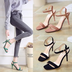 凉鞋女2021春新款小清新高跟鞋细跟韩版黑色百搭细带一字带扣女鞋
