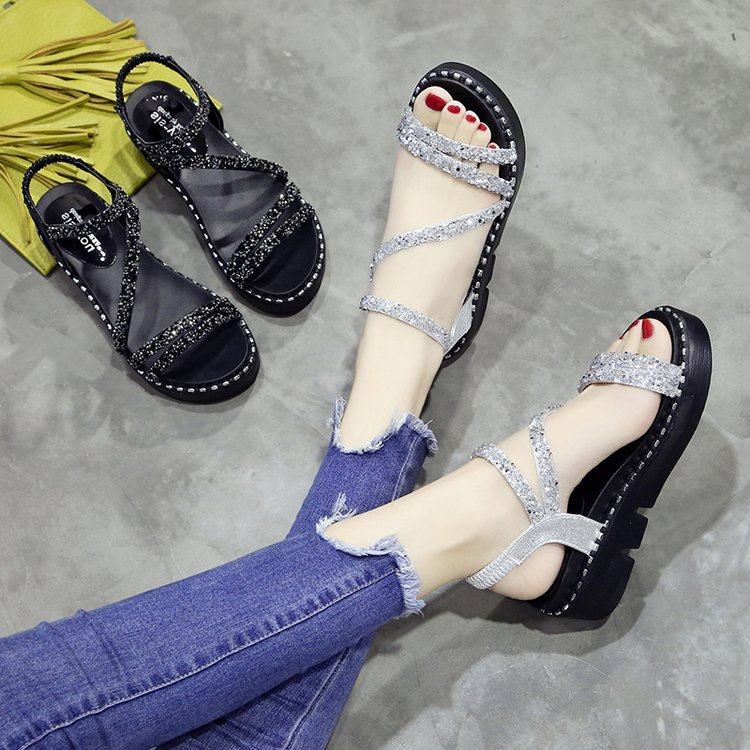 2021 Spring new pattern Korean Edition Muffin The thickness of the bottom Middle heel Rome Sandals Sequins Versatile Toe one word Buckle Women's Shoesin the Women's Shoes, Sandals  category - from Buy2taobao.com to provide professional Taobao agent buy service