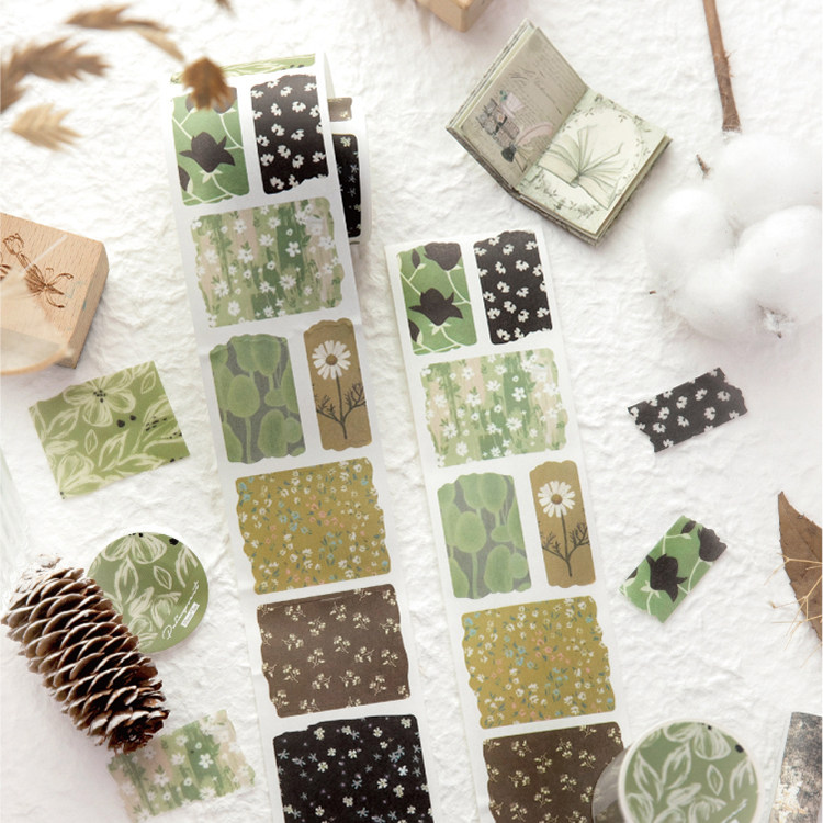 朝雨 素简山茶手帐胶带高颜值复古鲜花植物装饰图案艺术油画贴纸