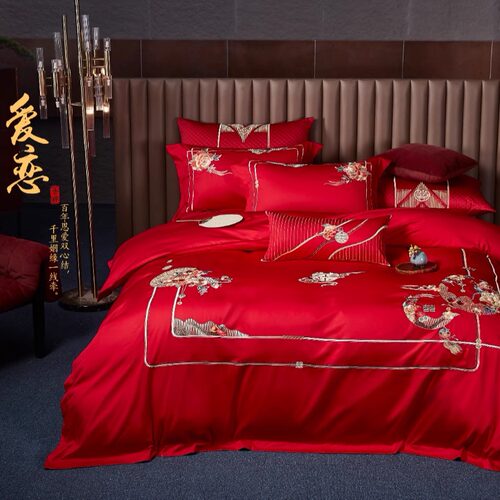 婚房绣花床品套件红色喜庆装