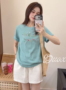 【Duoxi】“水蓝”G2634#夏季满分肌理感麻棉印花圆领百搭正肩T恤