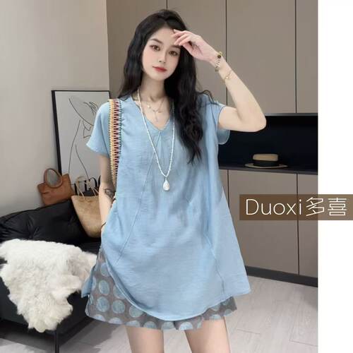 Duoxi+“麻棉V领”短袖T恤女年夏季新款休闲日常百搭上衣G536#