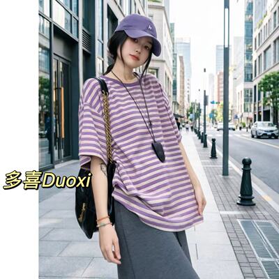 Duoxi+“条纹控”A123#短袖T恤女夏季新款休闲日常显瘦百搭上衣