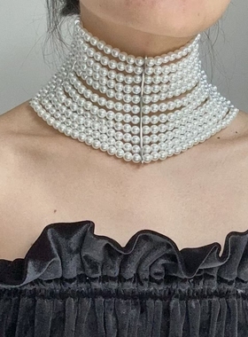 欧美时尚多层叠戴珍珠流苏项链