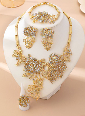 复古风镂空花朵叶子水钻项链套装
