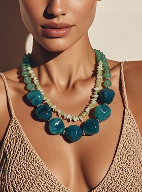 欧美复古不规则珠串绿色锁骨链