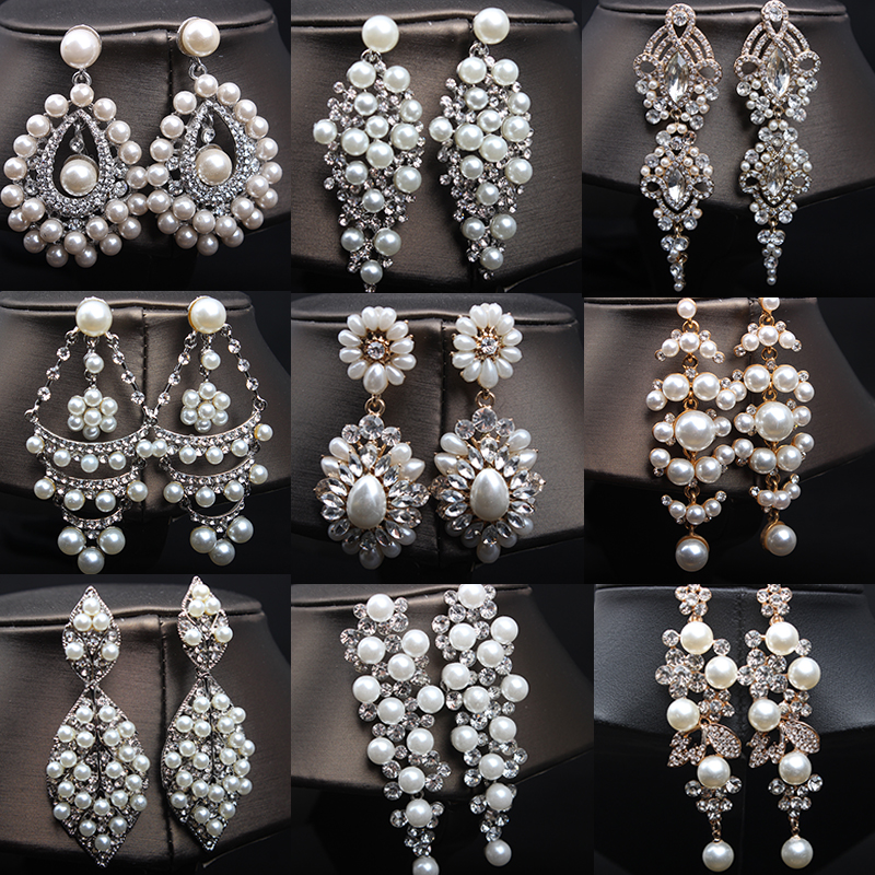 时尚水晶宝石人造珍珠夸张耳环女欧美气质长款流苏复古耳针配饰品