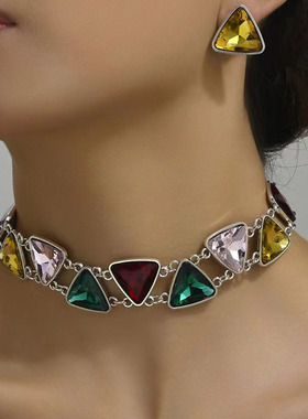 欧美时尚简约几何图形三角形水晶宝石锁骨项链耳钉套装女百搭饰品