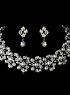 珍珠水钻颈链首饰套装树枝花型