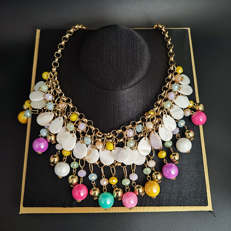 时尚珍珠贝壳片水晶珠吊坠项链女民族风手工挂珠锁骨链摄影装饰品