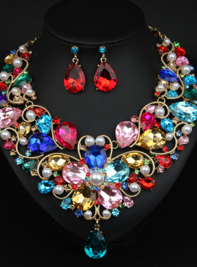 欧美夸张时尚宝石水钻珍珠水滴锁骨项链耳环首饰套装女礼服配饰品