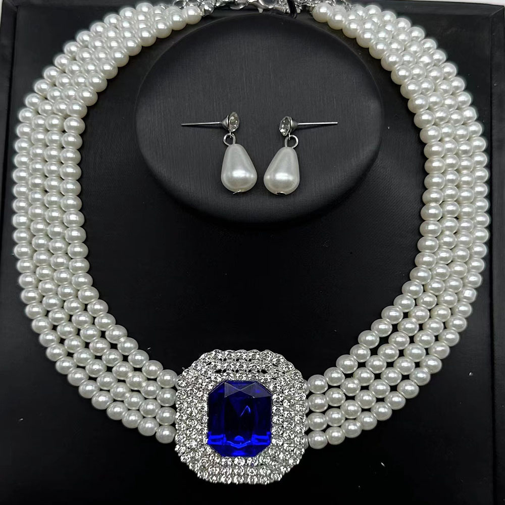 欧美夸张方形大宝石吊坠短项链耳钉套链复古百搭女束颈链礼服配饰