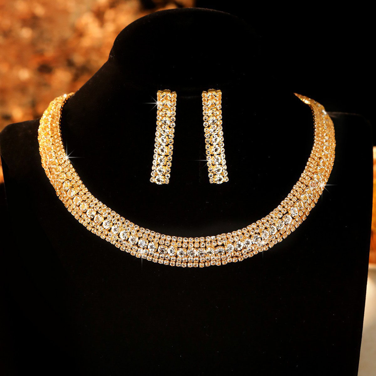 欧美时尚奢华多层镶钻短项链耳环套装女气质百搭新娘礼服演出配饰