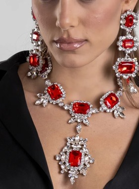 高级感方形项链吊坠耳环首饰套装走秀饰品时尚夸张宴会礼服配饰品