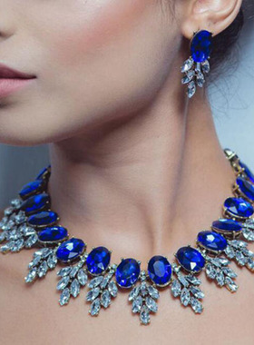 欧美范宝石项链时尚镶钻两件套