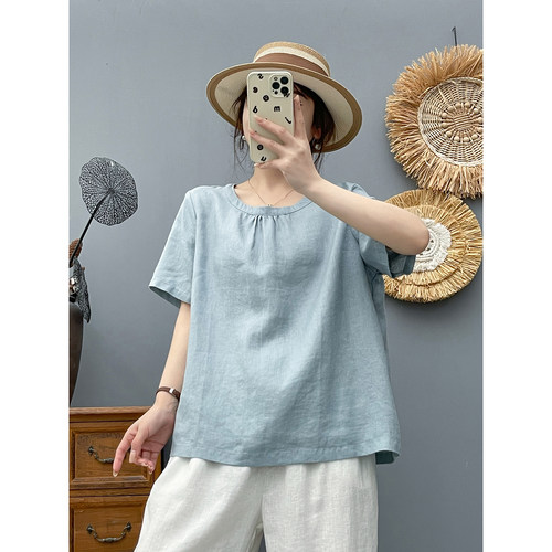 夏季薄款复古圆领亚麻上衣女宽松休闲文艺纯色时尚百搭短袖衬衫女
