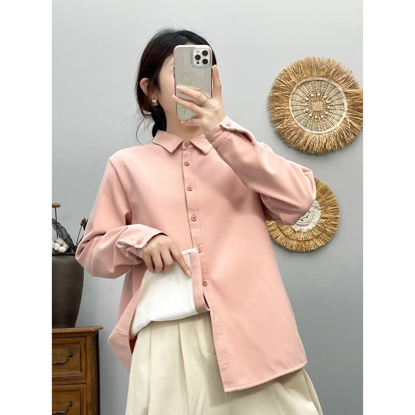 秋冬新款复古加厚加绒长袖衬衫女宽松方领显瘦纯棉衬衣保暖外套女
