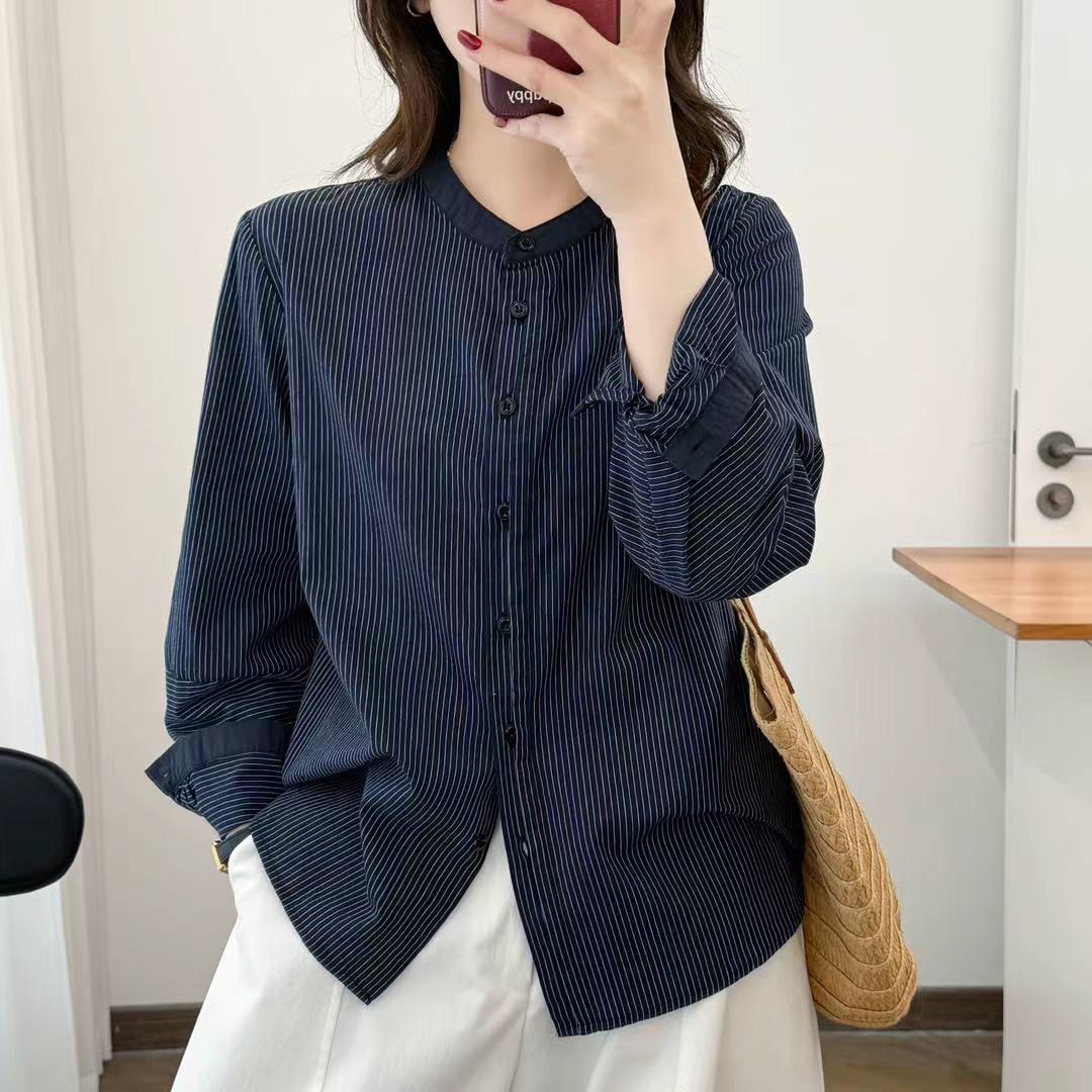 秋季新款复古文艺条纹立领长袖衬衫女宽松百搭纯棉上衣休闲衬衣女
