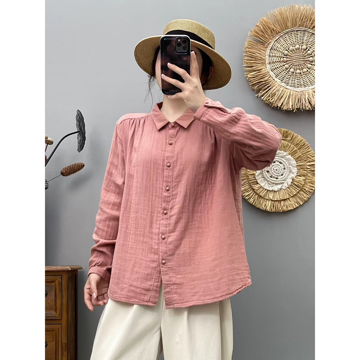 春秋薄款双层棉纱长袖衬衫女宽松显瘦方领纯棉上衣百搭休闲衬衣女