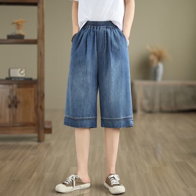 夏季薄款牛仔短裤女宽松显瘦直筒裤六分裤纯色休闲时尚百搭哈伦裤