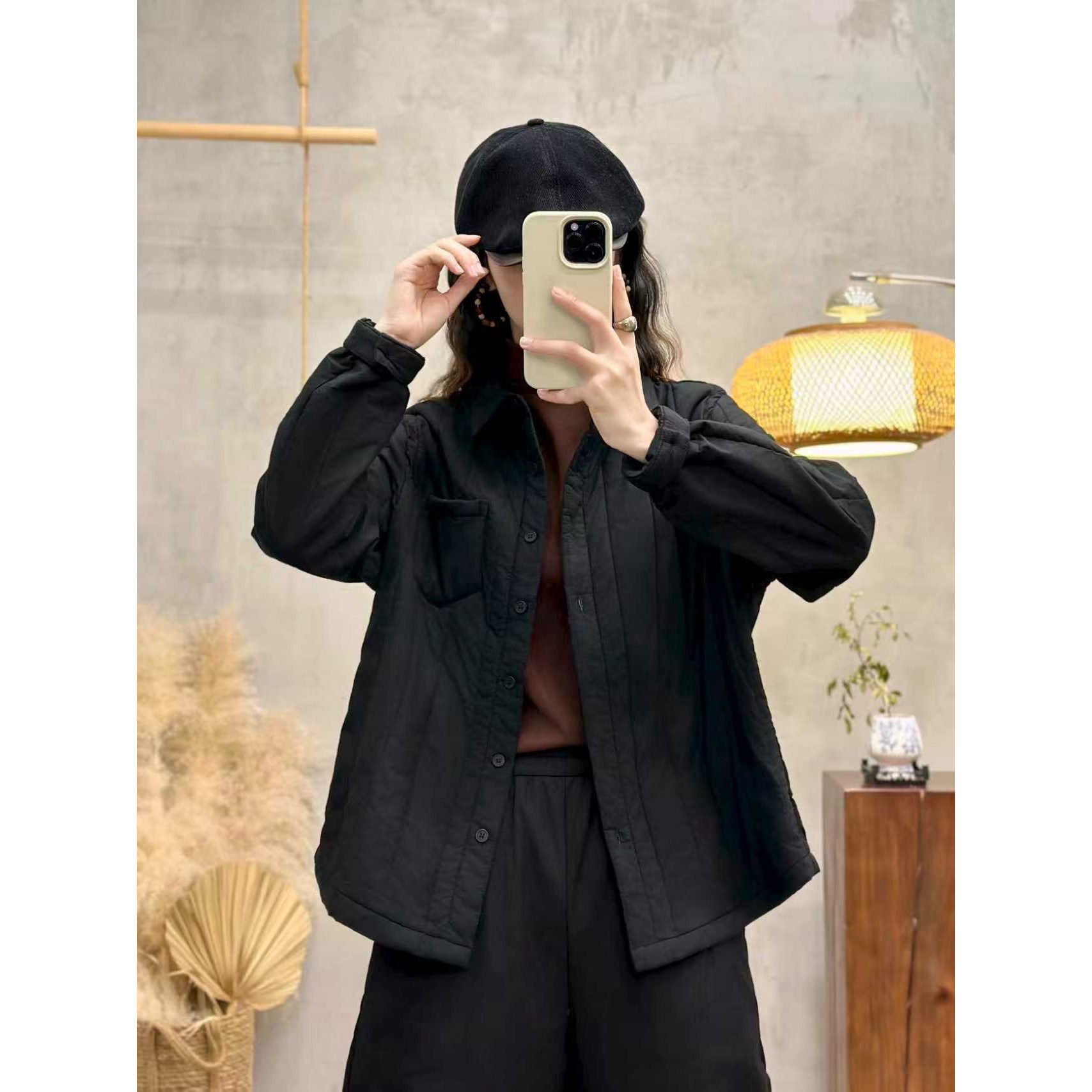 秋冬新款复古方领加厚夹棉长袖衬衫女宽松显瘦百搭休闲棉衣外套女