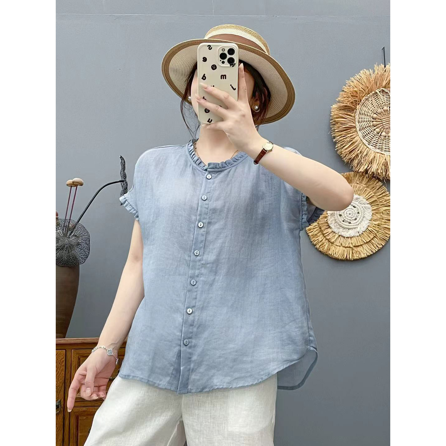 夏季薄款复古文艺苎麻上衣女宽松显瘦短袖衬衫花边领百搭无袖衬衣
