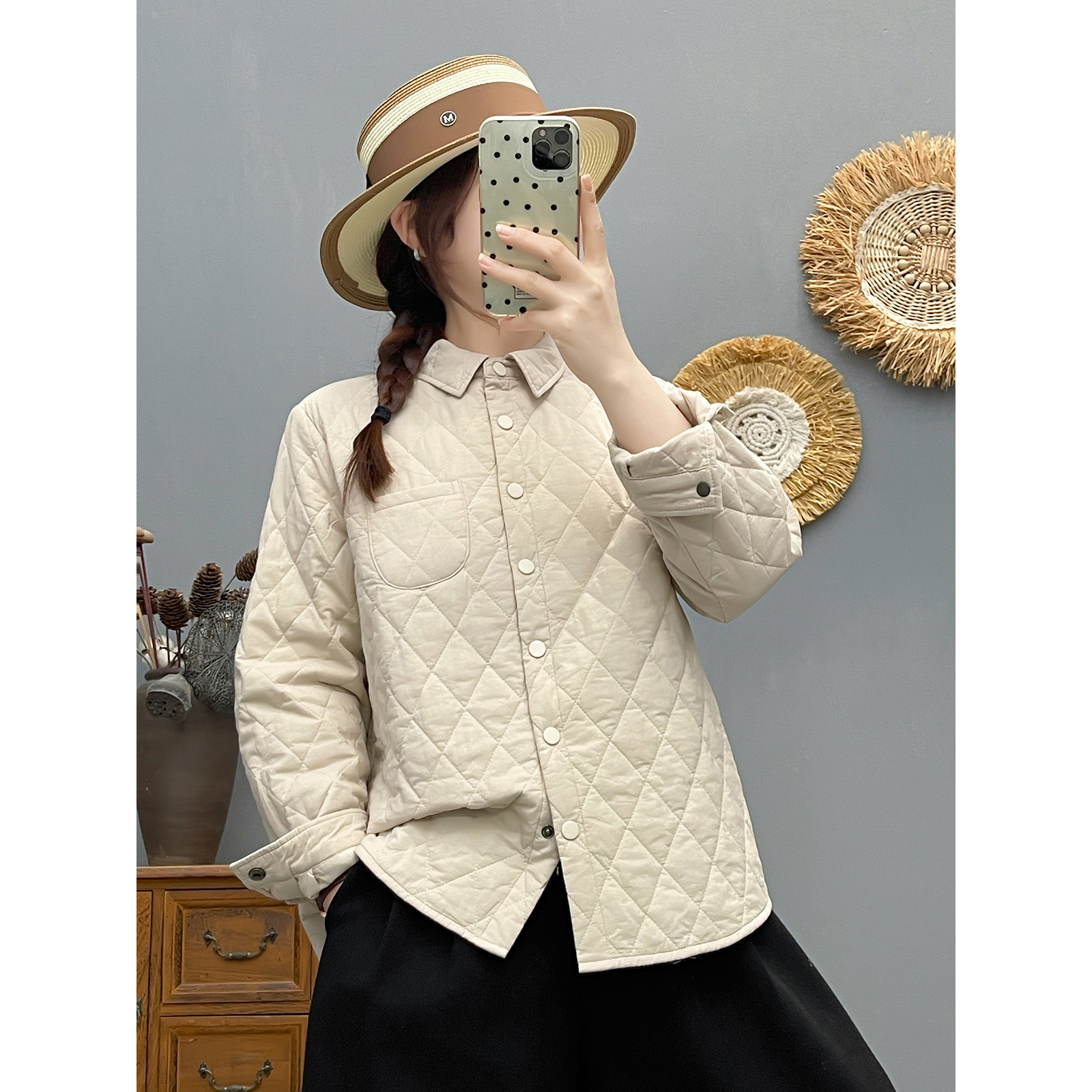 秋冬新款复古菱形格加厚夹棉长袖衬衫女宽松方领休闲百搭棉衣外套