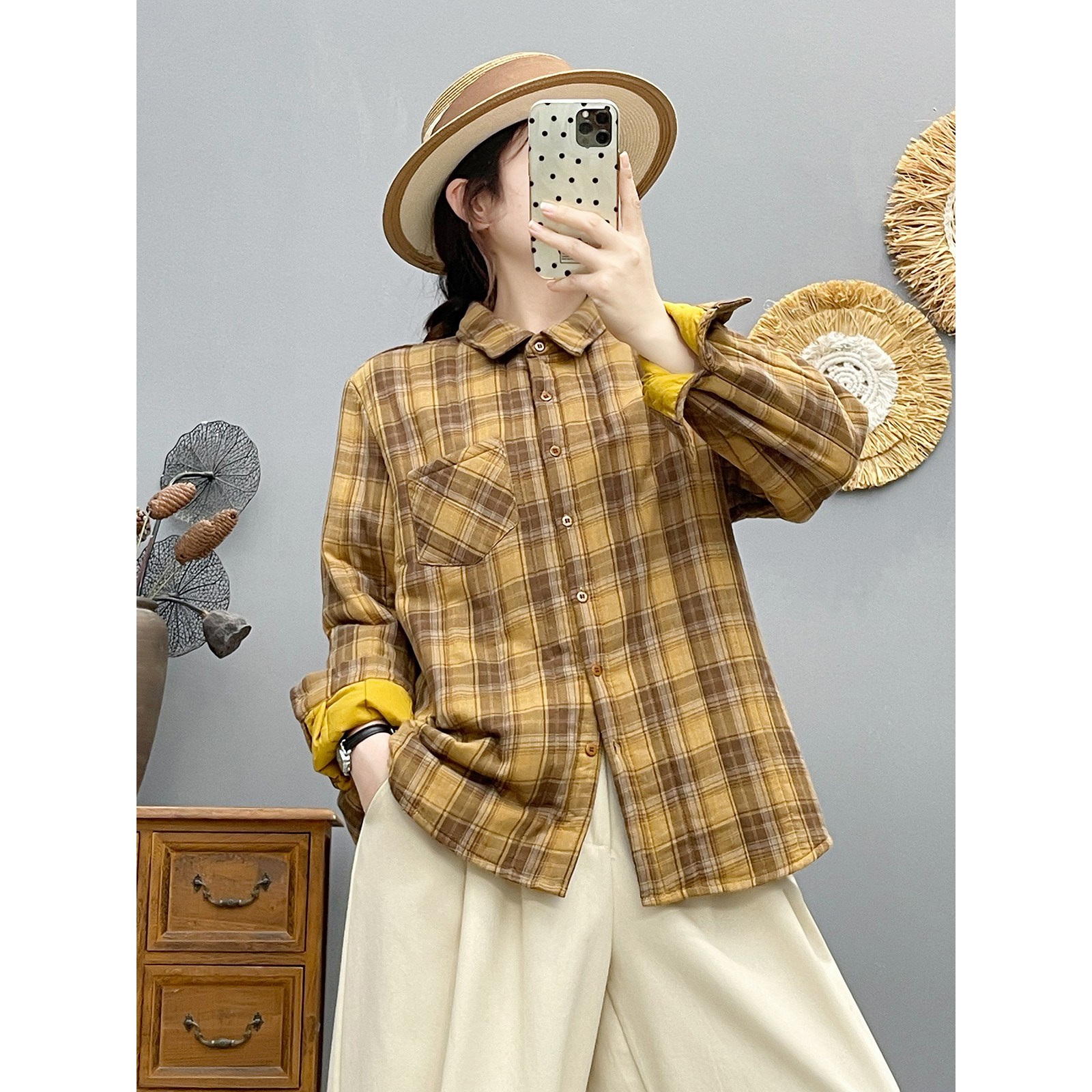 秋冬新款复古格子加厚夹棉长袖衬衫女宽松方领百搭休闲棉衣外套女