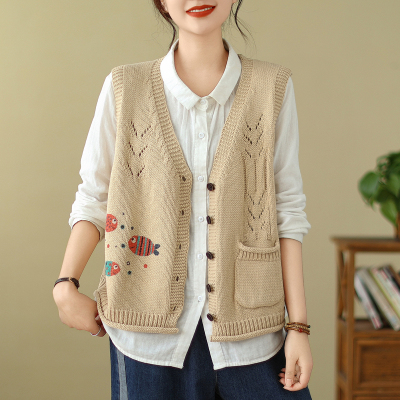 复古文艺V领短款棉线马甲女