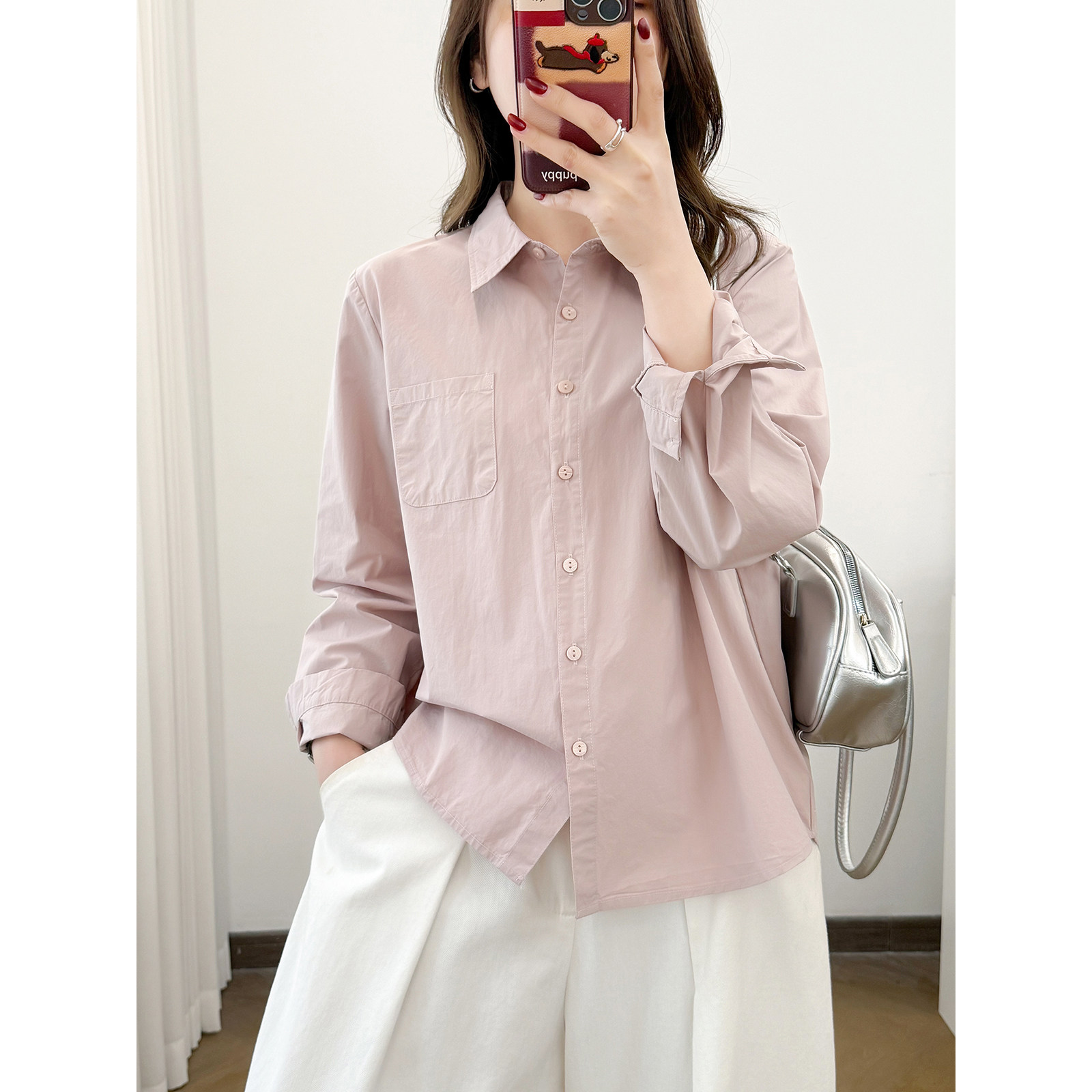 春夏薄款文艺方领纯棉长袖衬衫女宽松休闲纯色上衣时尚百搭衬衣女