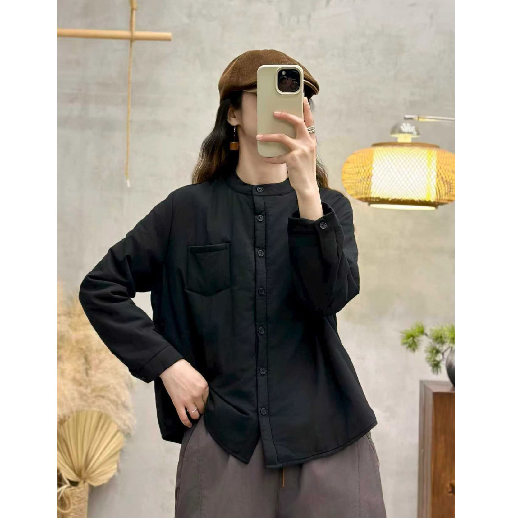 秋冬新款立领加厚夹棉长袖衬衫女宽松休闲上衣百搭纯色棉衣外套女