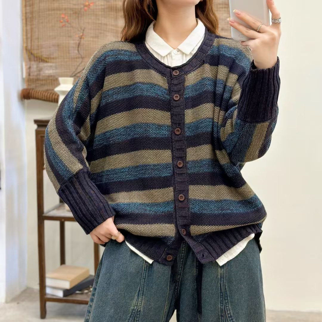 春季新款复古文艺针织衫外套女毛衣开衫宽松显瘦休闲棉线长袖上衣