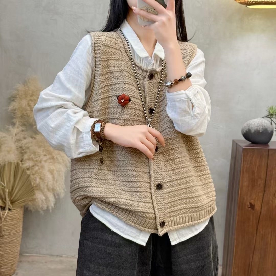 秋季新款棉线马甲开衫女宽松短款无袖针织衫上衣圆领休闲毛衣外套