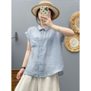 方领纯色百搭无袖 夏季 衬衫 薄款 衬衣女 文艺苎麻上衣女宽松休闲短袖