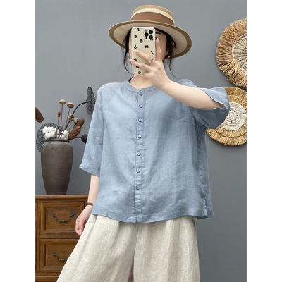 夏季薄款复古文艺苎麻上衣女宽松显瘦立领短袖衬衫女五分袖衬衣女