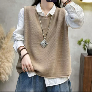 春季新款复古圆领棉线马甲女宽松无袖毛衣休闲显瘦短款针织衫上衣